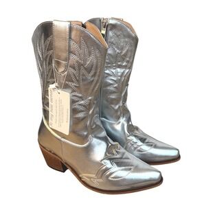 NEW Silver Embroidered Metallic Western Glam Cowgirl Boots Festival Sz 37 Y2K